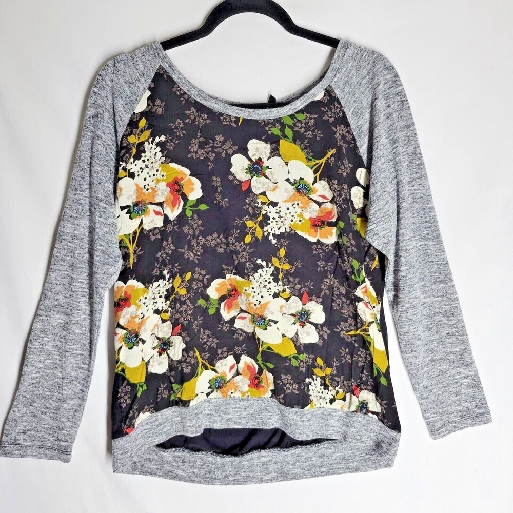 KUT From The Kloth Mixed Media Long Sleeve Top Shirt XLP Floral Stitch